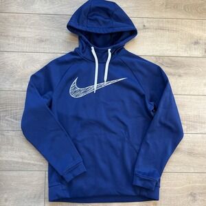 Nike Hoodie Mens Medium Blue Dri Fit Big Swoosh Hooded Sweatshirt Pocket